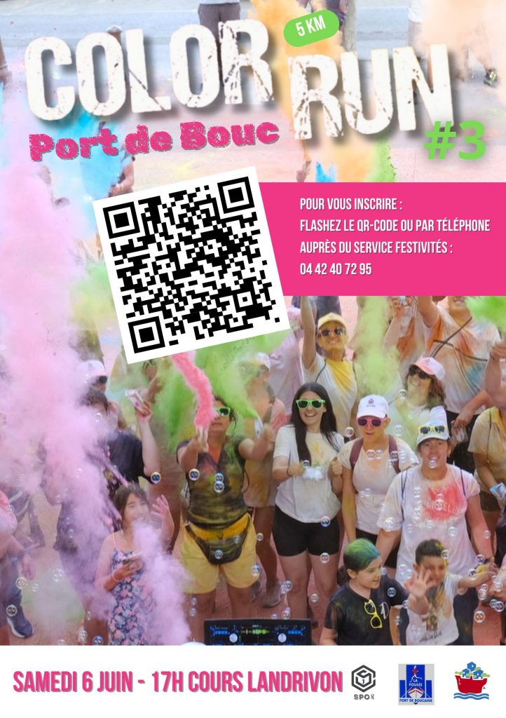 La troisième édition de la Color Run Port de Boucaine arrive !
Rendez-vous le samedi 6 juin 2026 - à 17h cours LANDRIVON pour une course colorée !

Pour rappel, l'inscription est GRATUITE, mais obligatoire !

Soit à l'adresse suivante https://framaforms.org/color-run-3-2026-1777361313 ... soit en flashant le QR code de l'affiche ou en appelant le 04 42 40 72 95.

La distribution des kits (sac à ficelle contenant une casquette, une paire de lunette, une bouteille d'eau et un sachet de poudre colorée) commencera dès 16h, il est conseillé de se présenter au plus tard à 16 h 30 pour un départ à 17h.

Les poudres de couleurs utilisées sont des poudres alimentaires. Il est néanmoins conseillé aux personnes blondes de porter une casquette.

Venir avec un t-shirt blanc.

À l'arrivée : un DJ sera présent pour terminer la course en beauté ! 